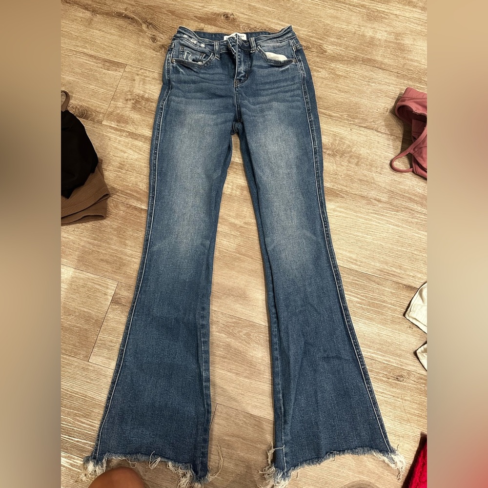 Flying Monkey Medium Wash Frayed Hem Flare Jeans
